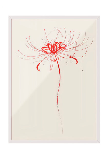 Siyah çerçeveli, açık bej zemin üzerinde soyut kırmızı fırça darbeleriyle çizilmiş minimalist çiçek posteri