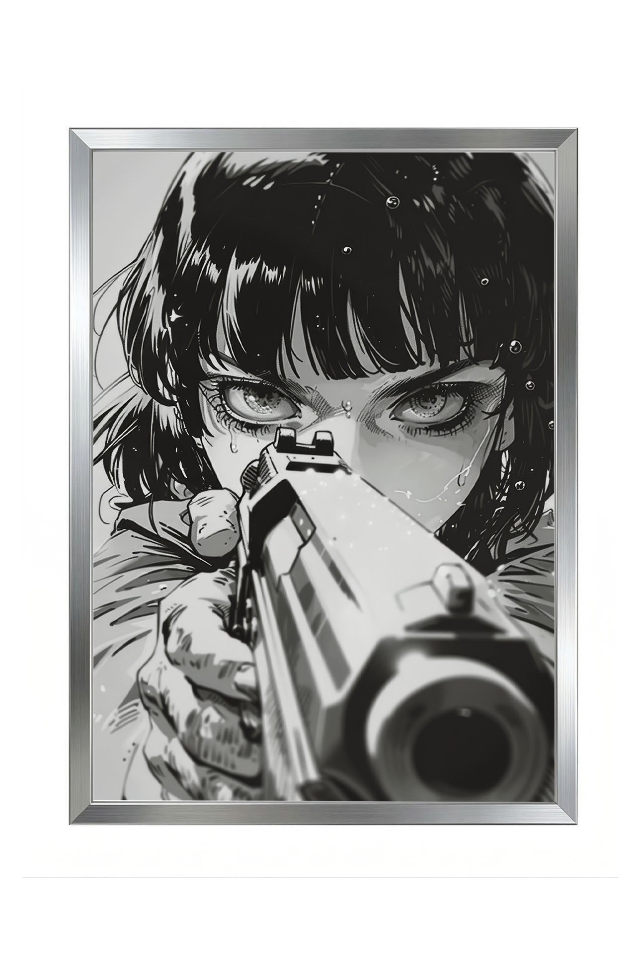 Siyah beyaz anime tarzı, silah tutan, gözleri yoğun ve kararlı bakan kadın portresi çerçeveli poster
