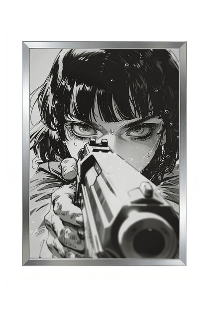 Siyah beyaz anime tarzı, silah tutan, gözleri yoğun ve kararlı bakan kadın portresi çerçeveli poster