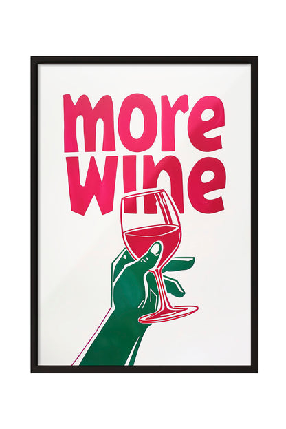 More Wine yazılı, kadeh tutan yeşil el figürlü, pembe ve yeşil renklerde modern çerçeveli poster