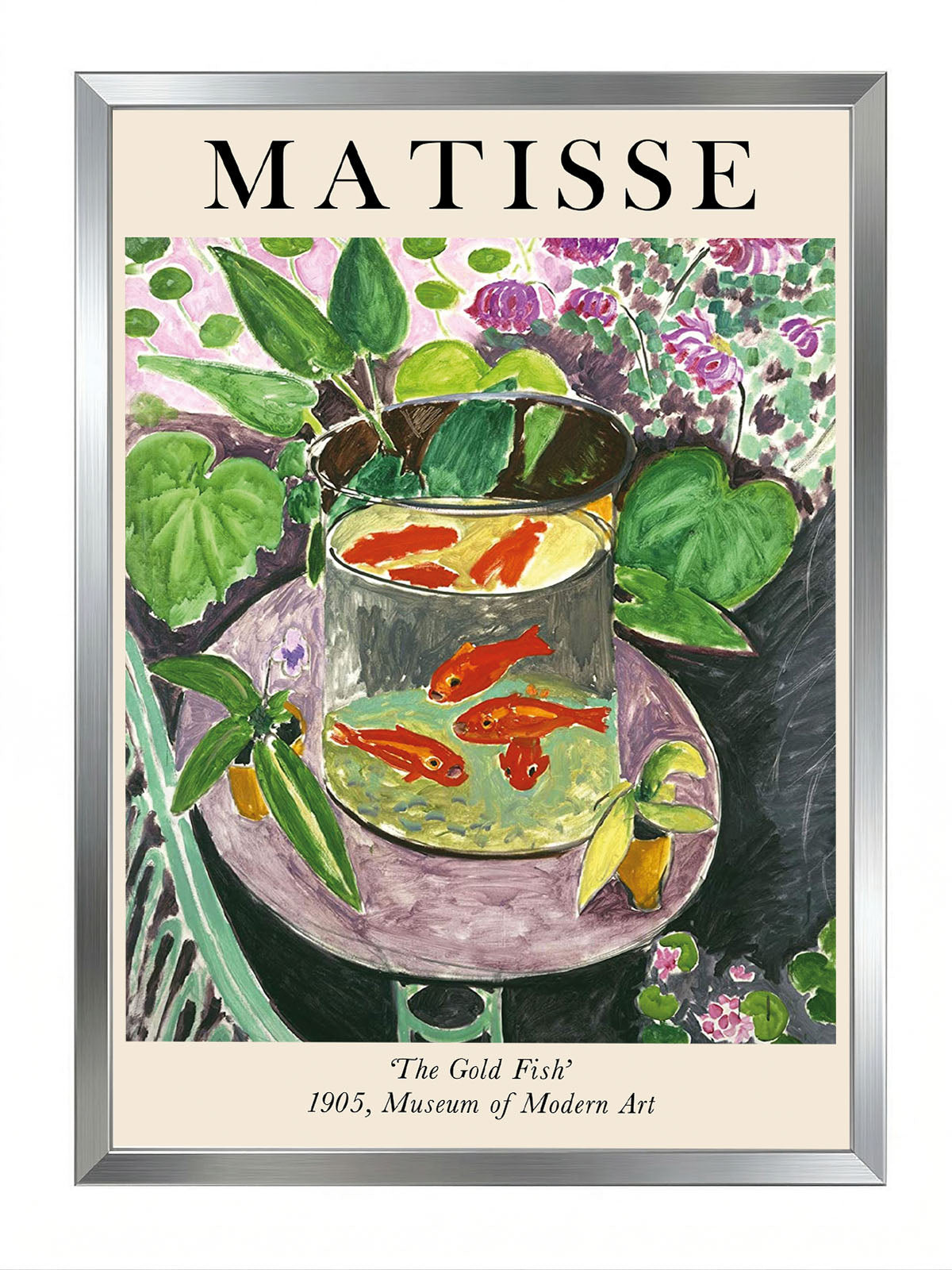 Henri Matisse'in 'The Gold Fish' tablosunu gösteren, canlı turuncu balıklar ve yeşil bitkiler içeren sanatsal poster.