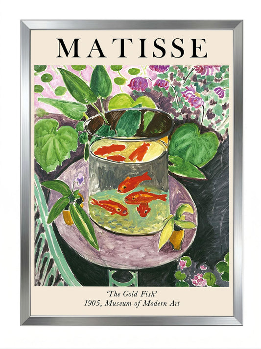 Henri Matisse'in 'The Gold Fish' tablosunu gösteren, canlı turuncu balıklar ve yeşil bitkiler içeren sanatsal poster.