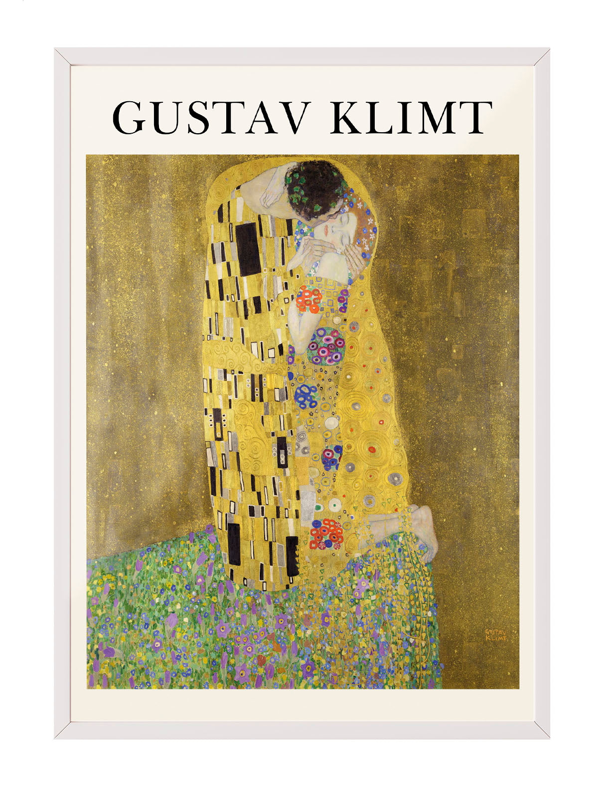 Gustav Klimt'in "Öpücük" tablosunun altın ve renkli detaylarla dolu, romantik Art Nouveau tarzı duvar posteri