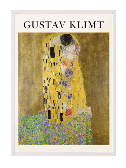 Gustav Klimt'in "Öpücük" tablosunun altın ve renkli detaylarla dolu, romantik Art Nouveau tarzı duvar posteri