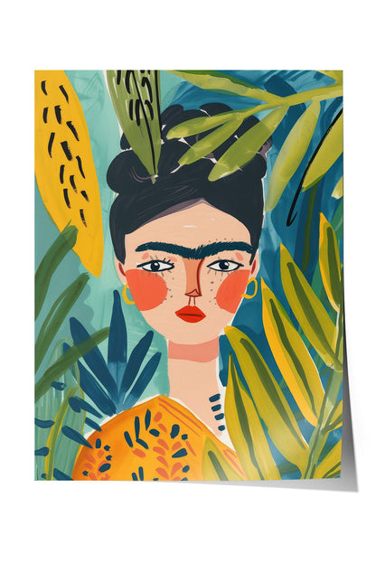 Frida Kahlo tarzı, tropikal yapraklı, renkli kadın portre çerçeveli tablo