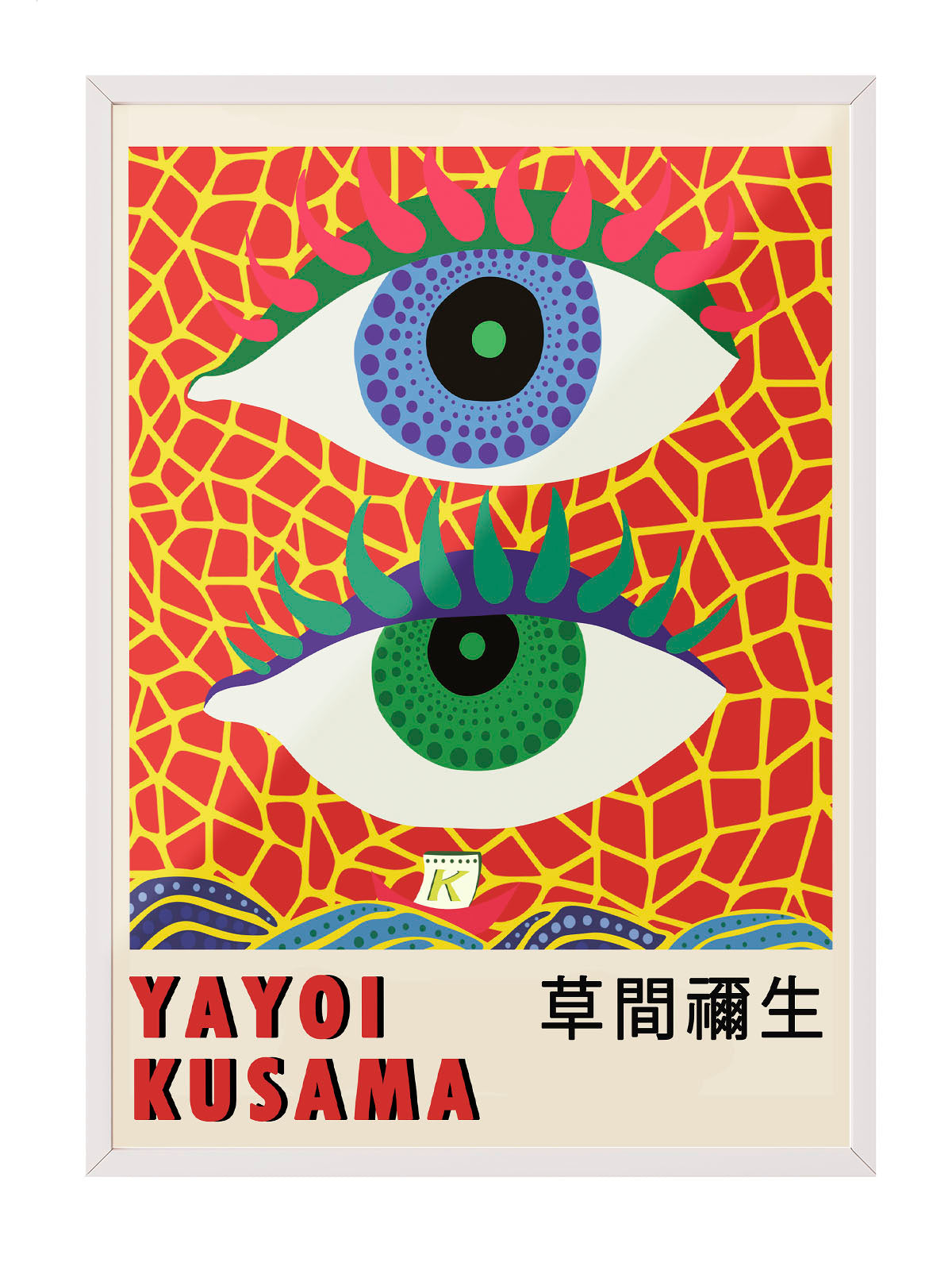 Yayoi Kusama'nın imzası olan, kırmızı zemin üzerinde mavi ve yeşil göz motifli, canlı renkli modern sanat posteri.