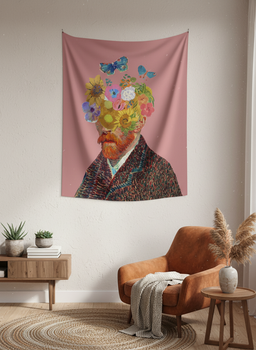 Van Gogh'un yüzü çiçeklerle kaplı, kelebekli, pembe fonlu sanatsal duvar örtüsü