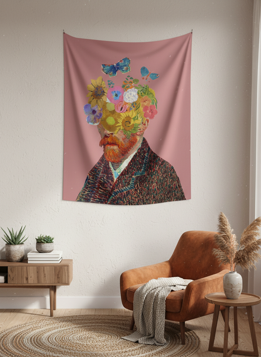 Van Gogh'un yüzü çiçeklerle kaplı, kelebekli, pembe fonlu sanatsal duvar örtüsü