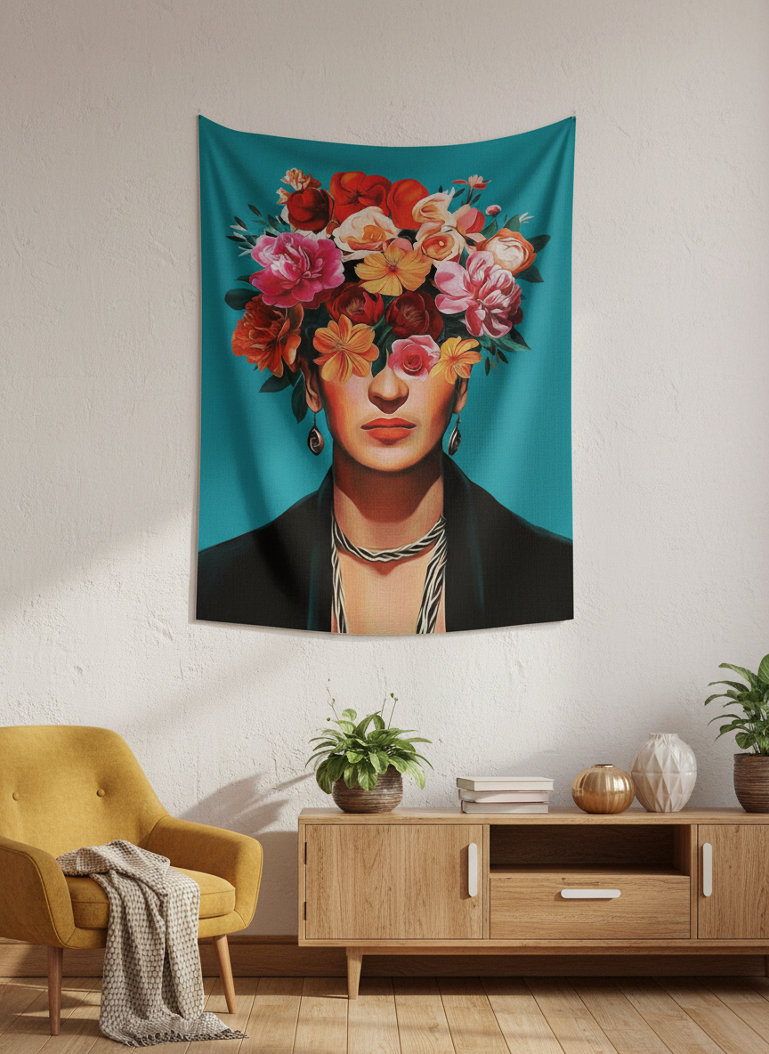 Frida Kahlo temalı, gözleri rengarenk çiçeklerle kaplı, turkuaz fon üzerinde sanatsal duvar örtüsü.