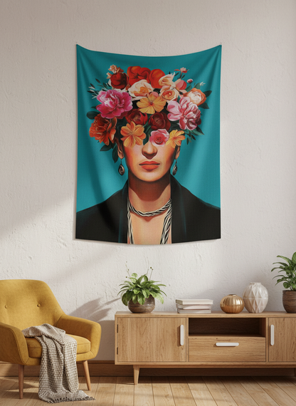 Frida Kahlo temalı, gözleri rengarenk çiçeklerle kaplı, turkuaz fon üzerinde sanatsal duvar örtüsü.