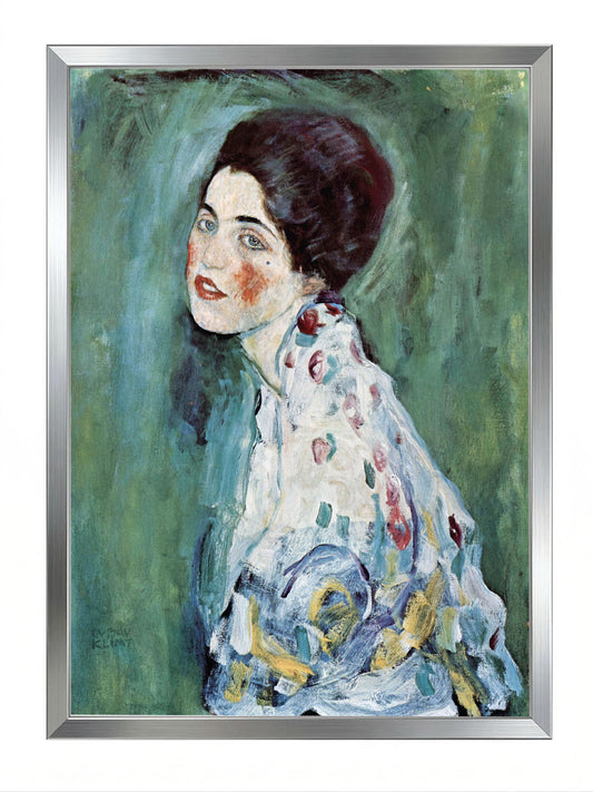 Siyah çerçeveli, Gustav Klimt'in yeşil tonlarda arka plana sahip, renkli fırça darbeleriyle işlenmiş kadın portresi.