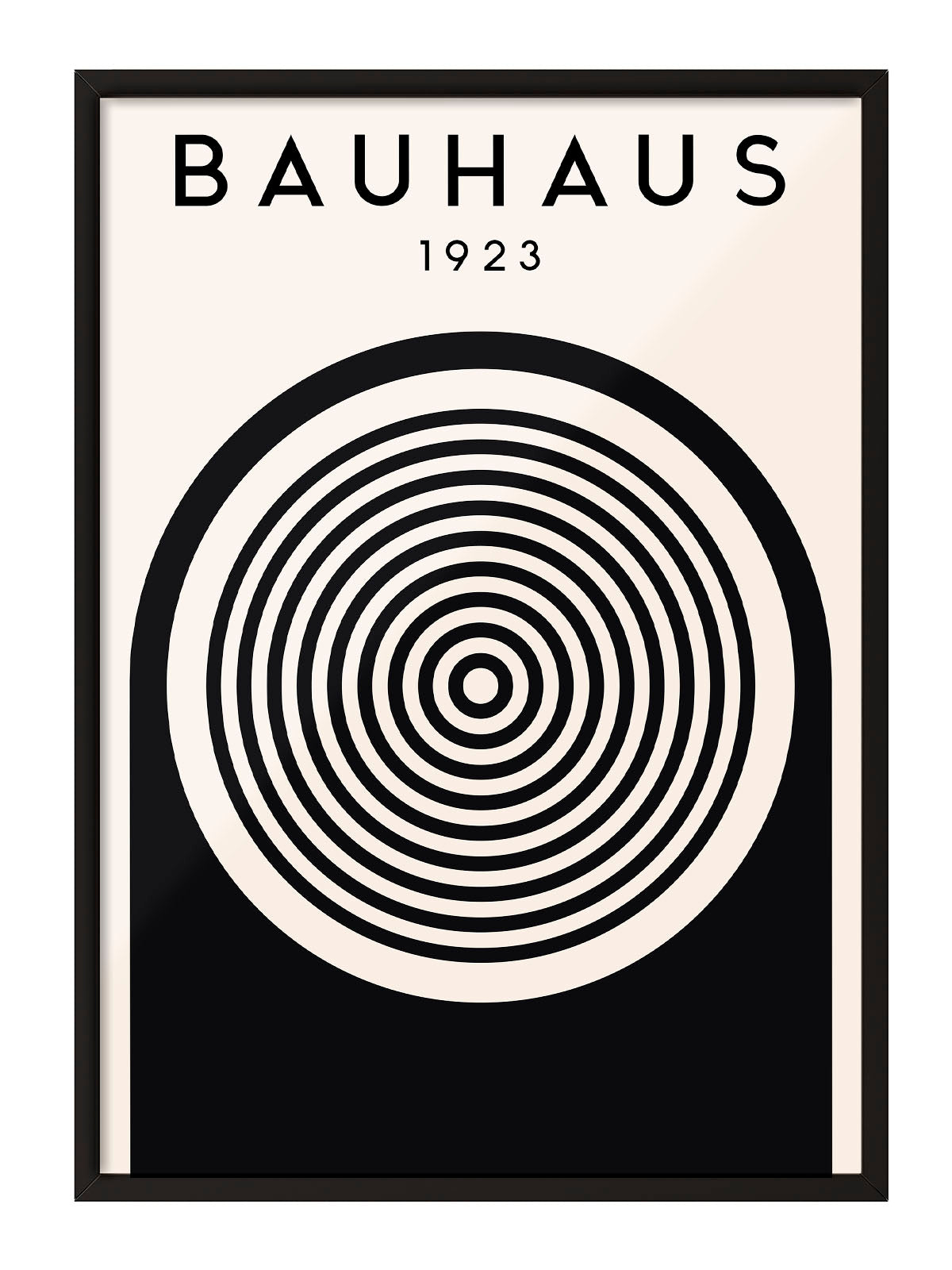 Siyah çerçeveli, krem zemin üzerine siyah konsantrik çemberler ve kemer deseni içeren Bauhaus 1923 posteri.