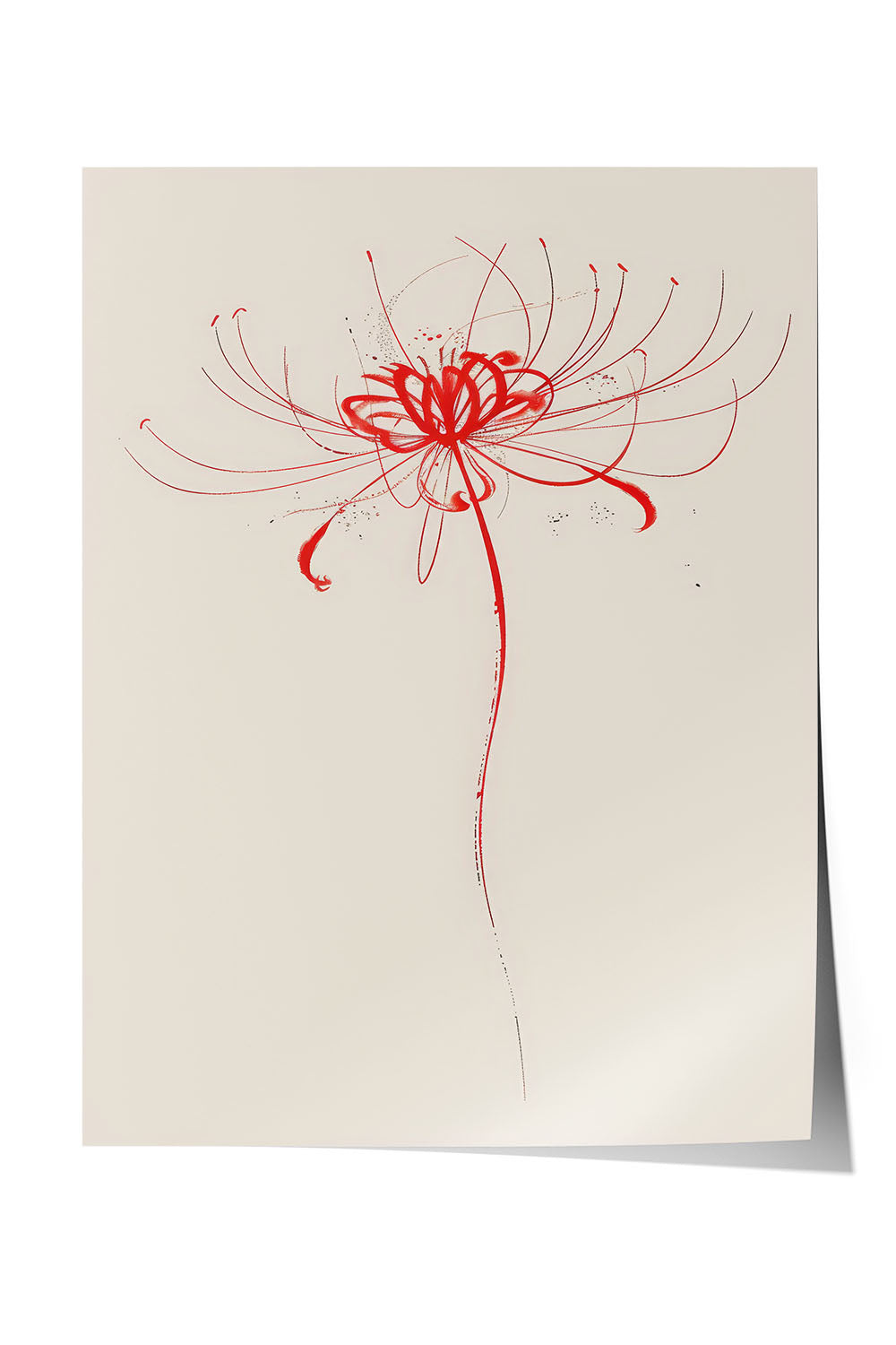 Siyah çerçeveli, açık bej zemin üzerinde soyut kırmızı fırça darbeleriyle çizilmiş minimalist çiçek posteri