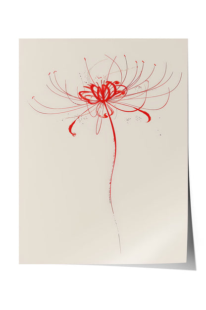 Siyah çerçeveli, açık bej zemin üzerinde soyut kırmızı fırça darbeleriyle çizilmiş minimalist çiçek posteri