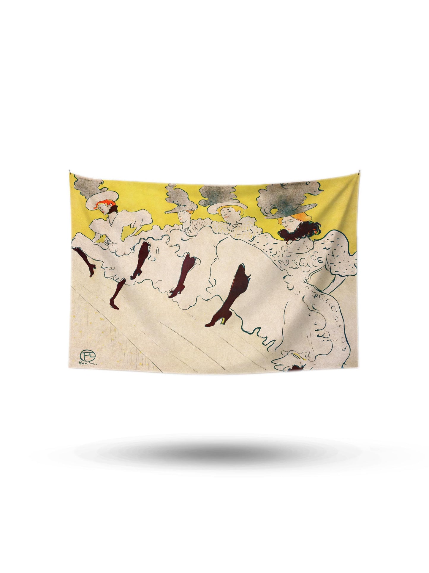 Art Nouveau tarzı dans eden kadın figürlü, sarı zeminli dekoratif duvar örtüsü, modern bir salonda asılı.