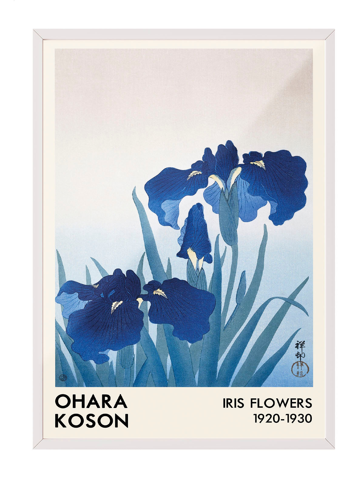 Ohara Koson'un derin mavi iris çiçeklerini tasvir eden, Japon ukiyo-e tarzı sanatsal poster.