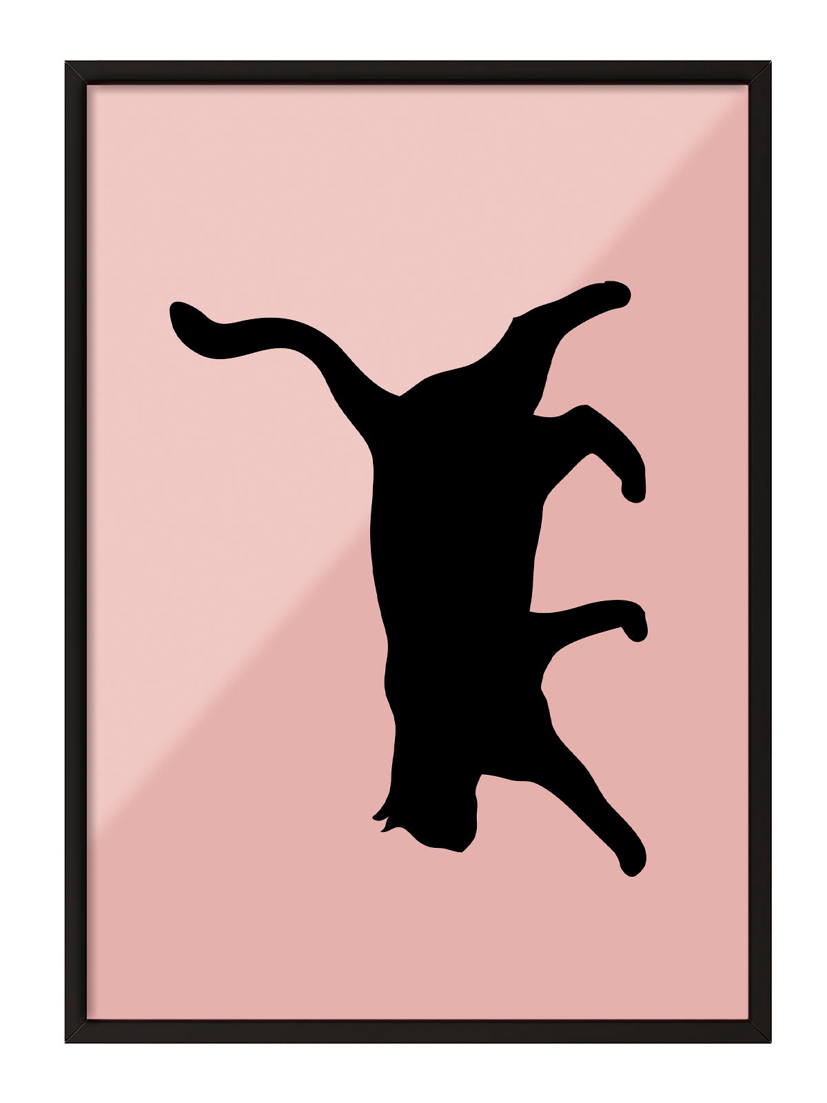 Siyah çerçeveli, pastel pembe fon üzerinde oyunbaz pozda siyah kedi silüeti minimalist poster.