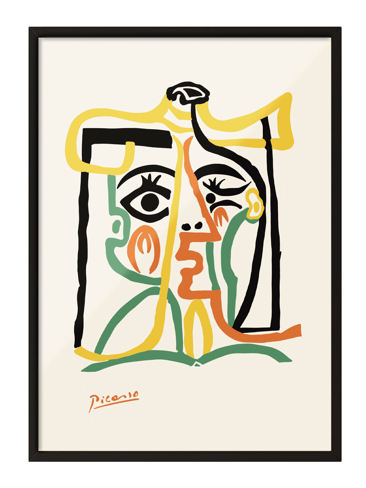 Picasso imzalı, sarı, turuncu, yeşil ve siyah renklerde soyut kübist kadın yüzü posteri.
