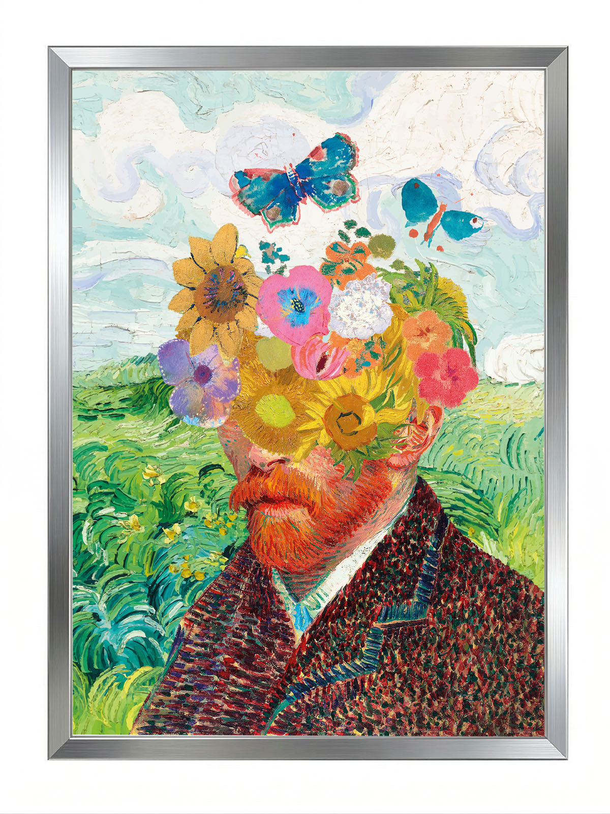 Van Gogh'un çiçek ve kelebeklerle süslenmiş, impressionist tarzda, canlı renkli portre posteri.
