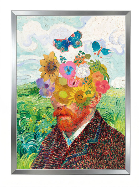 Van Gogh'un çiçek ve kelebeklerle süslenmiş, impressionist tarzda, canlı renkli portre posteri.
