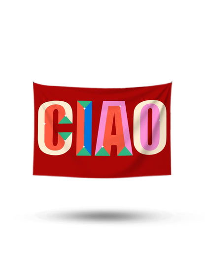 Kırmızı zemin üzerinde renkli, retro tipografiyle yazılmış 'Ciao' kelimesi olan duvar örtüsü