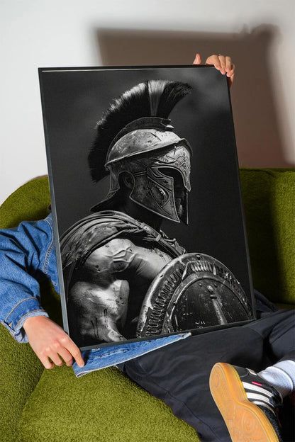 Siyah beyaz antik Yunan Spartan savaşçısı miğferli ve kalkanlı çerçeveli tablo