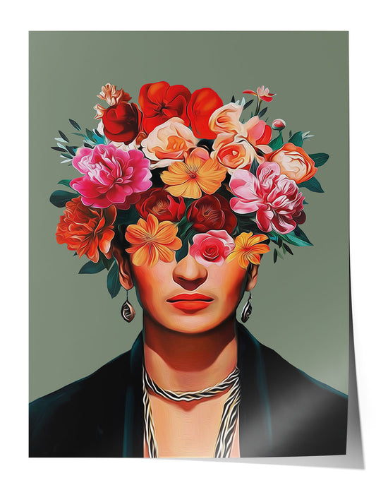Frida Kahlo'nun yüzünü kapatan canlı pembe, kırmızı, turuncu çiçeklerle modern sanatsal portre posteri.