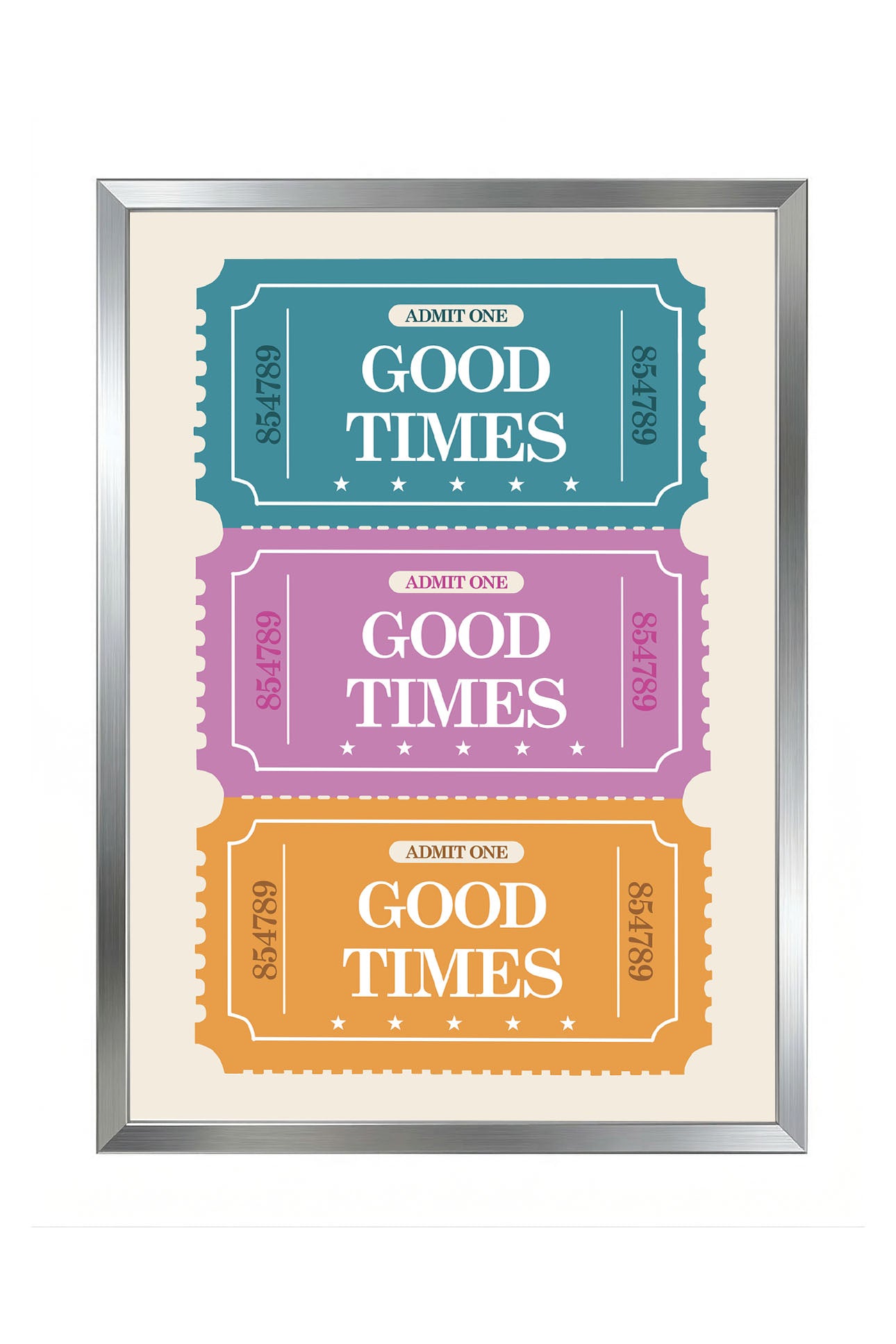 Mavi, pembe ve turuncu renklerde 'Good Times' yazılı retro bilet desenli çerçeveli poster