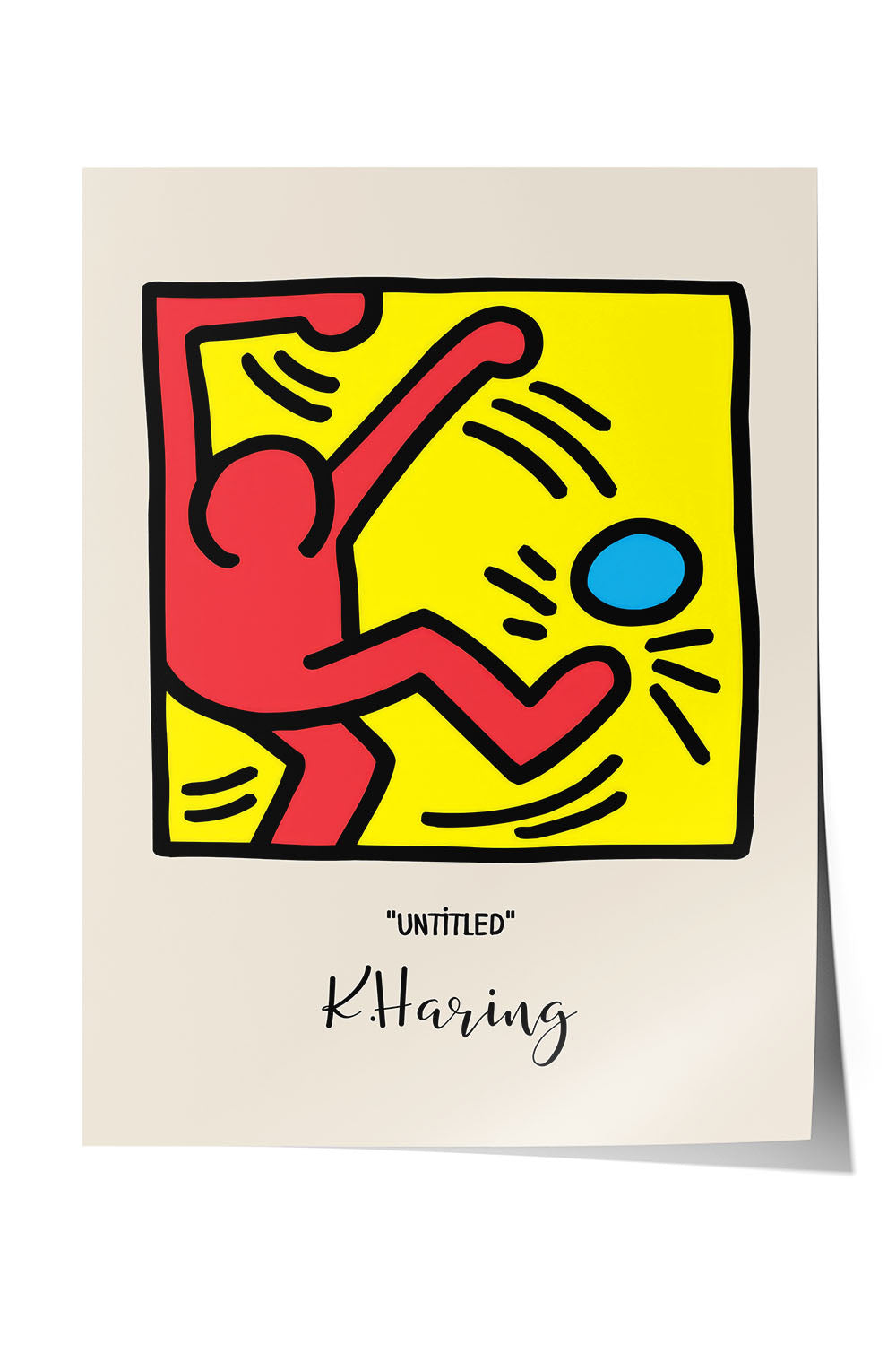 Keith Haring tarzı, kırmızı figürlü, sarı zeminli, mavi küreli modern çerçeveli poster