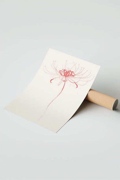 Siyah çerçeveli, açık bej zemin üzerinde soyut kırmızı fırça darbeleriyle çizilmiş minimalist çiçek posteri
