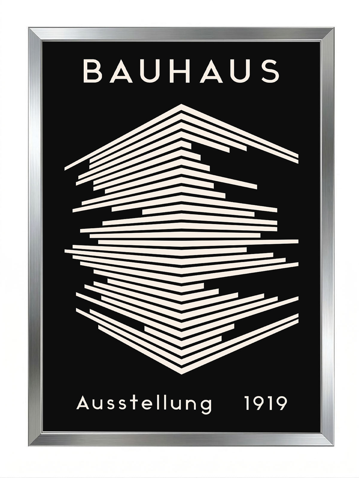 Siyah zemin üzerine beyaz geometrik çizgili, Bauhaus 1919 sergi afişi posteri.
