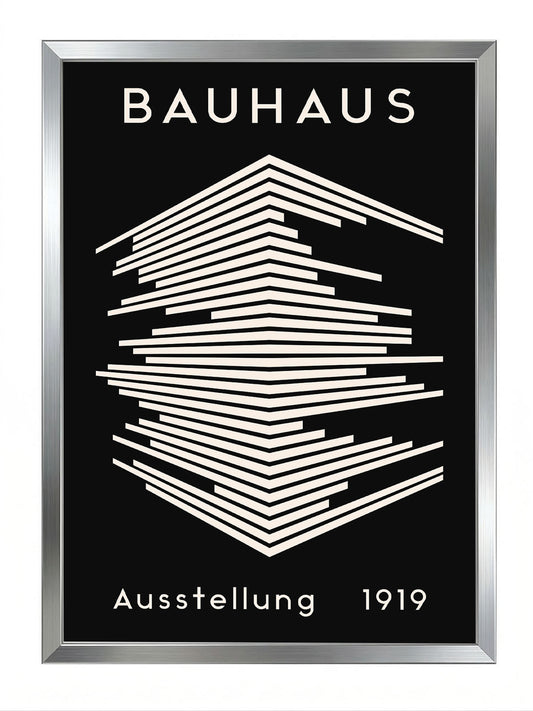 Siyah zemin üzerine beyaz geometrik çizgili, Bauhaus 1919 sergi afişi posteri.