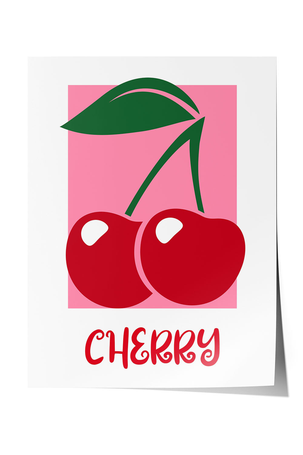 Pembe arka plan üzerinde iki kırmızı kiraz ve yeşil yaprakları olan modern çerçeveli poster