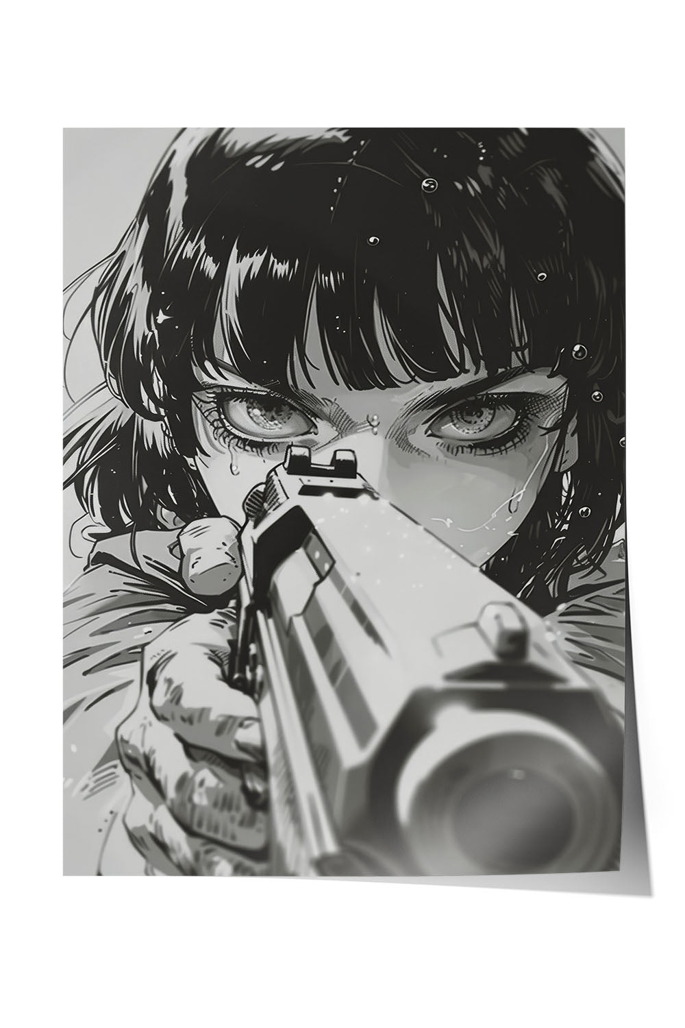 Siyah beyaz anime tarzı, silah tutan, gözleri yoğun ve kararlı bakan kadın portresi çerçeveli poster