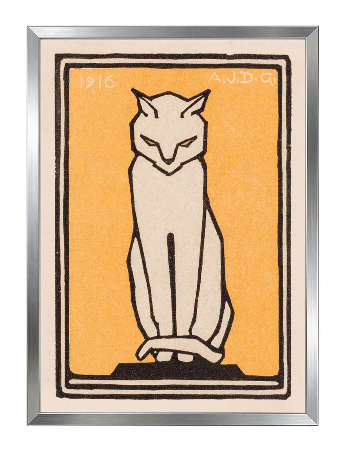 1916 tarihli, Art Deco tarzı, sarı-turuncu arka plan üzerinde oturan beyaz stilize kedi figürlü vintage poster.