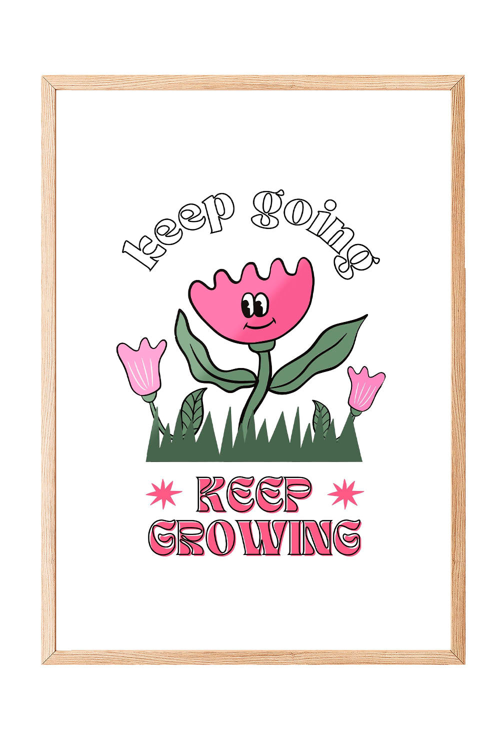 Siyah çerçeveli, beyaz zeminde pembe gülen çiçek, küçük çiçekler ve çimenler ile 'Keep Going' ve 'Keep Growing' yazılı motivasyon posteri.