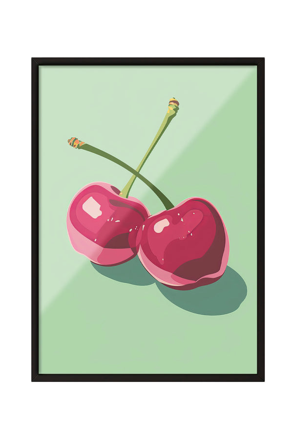 Siyah çerçeveli, açık yeşil fonda iki adet stilize pembe kiraz desenli modern poster.