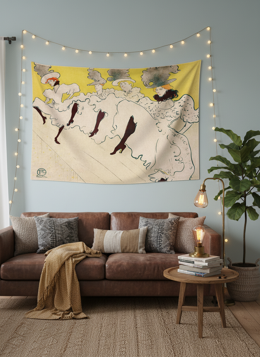 Art Nouveau tarzı dans eden kadın figürlü, sarı zeminli dekoratif duvar örtüsü, modern bir salonda asılı.