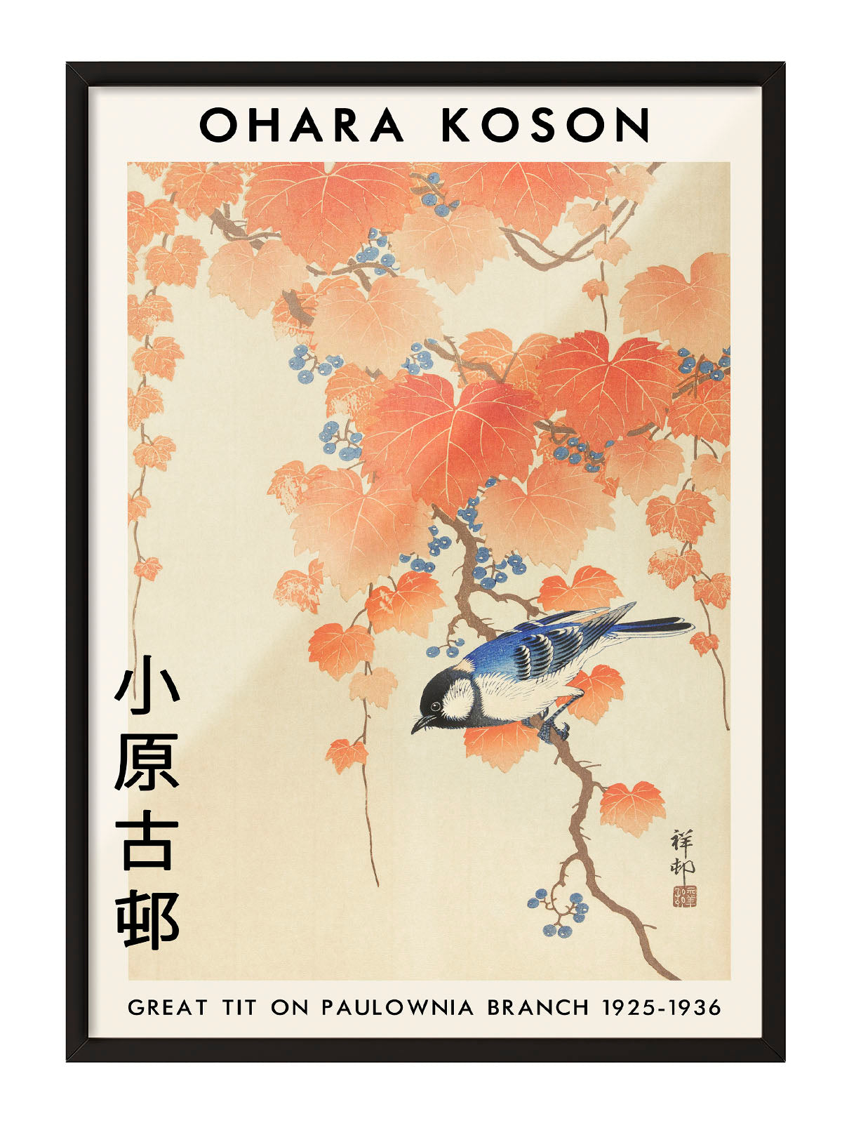 Ohara Koson'un Büyük Baştankara ve Paulownia Dalı adlı Japon Ukiyo-e sanat eseri posteri, turuncu yapraklar ve mavi baştankara kuşu.