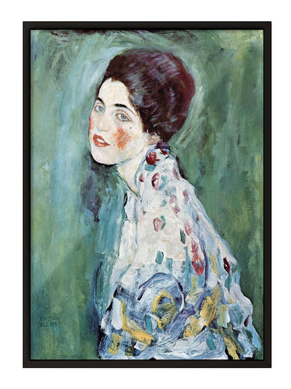 Siyah çerçeveli, Gustav Klimt'in yeşil tonlarda arka plana sahip, renkli fırça darbeleriyle işlenmiş kadın portresi.