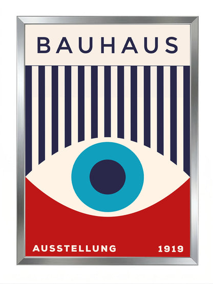 Bauhaus sergi afişi, krem zemin üzerinde lacivert çizgiler, kırmızı alt kısım ve ortada mavi göz figürü.