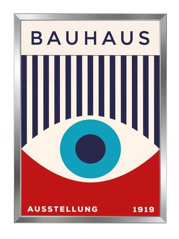 Bauhaus sergi afişi, krem zemin üzerinde lacivert çizgiler, kırmızı alt kısım ve ortada mavi göz figürü.
