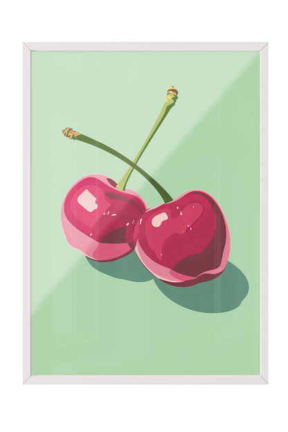 Siyah çerçeveli, açık yeşil fonda iki adet stilize pembe kiraz desenli modern poster.