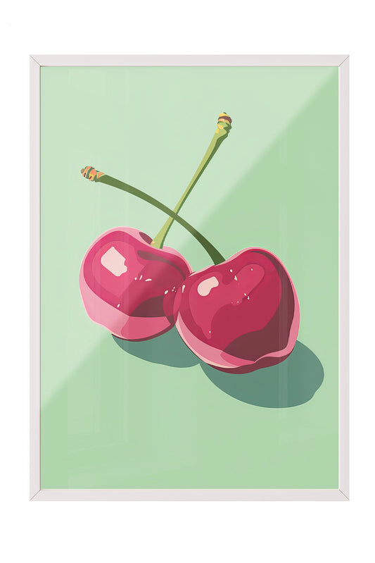 Siyah çerçeveli, açık yeşil fonda iki adet stilize pembe kiraz desenli modern poster.