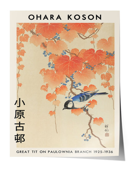 Ohara Koson'un Büyük Baştankara ve Paulownia Dalı adlı Japon Ukiyo-e sanat eseri posteri, turuncu yapraklar ve mavi baştankara kuşu.