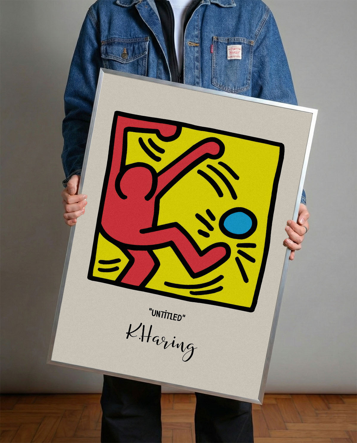 Keith Haring tarzı, kırmızı figürlü, sarı zeminli, mavi küreli modern çerçeveli poster