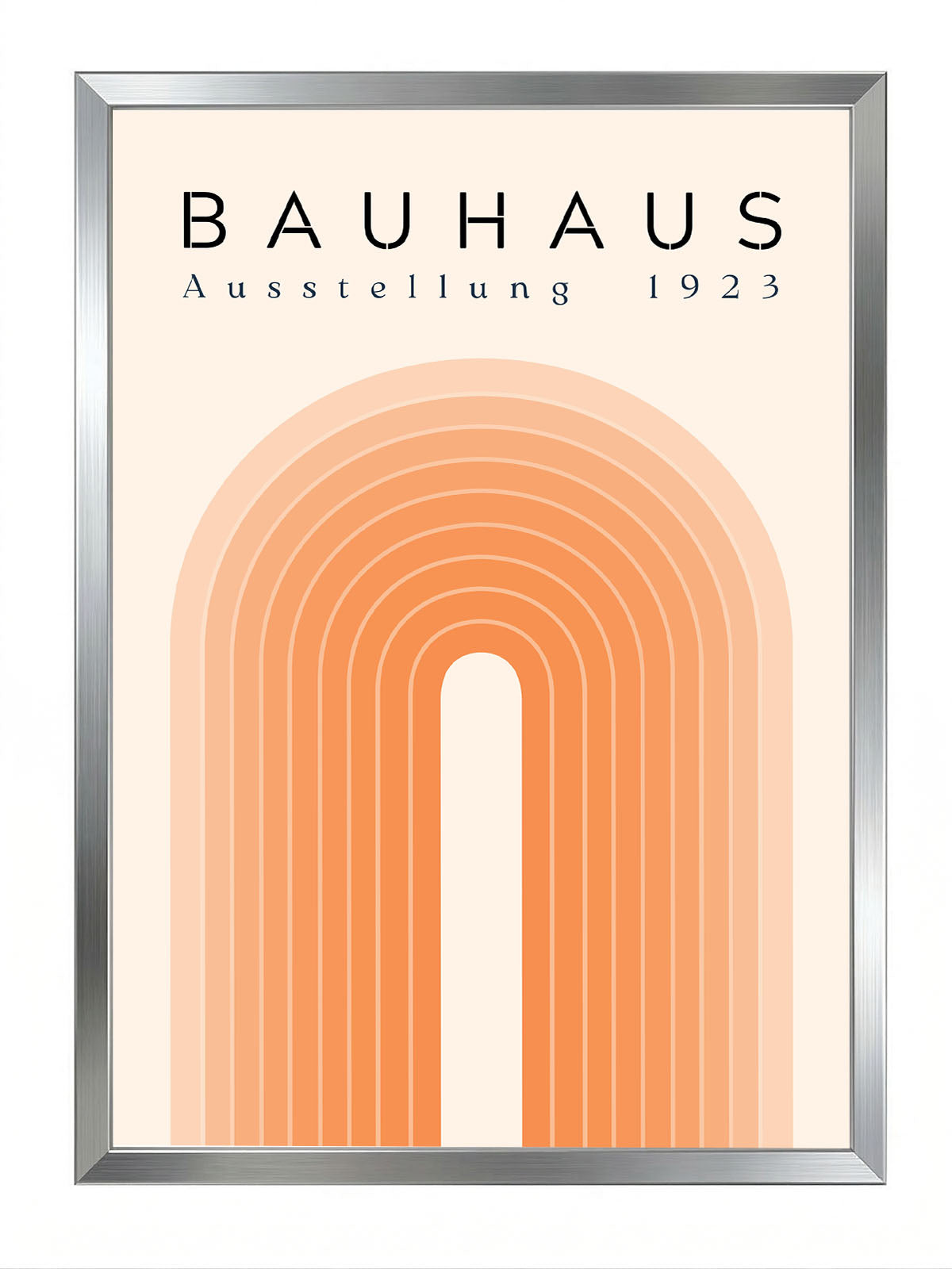 Bauhaus Ausstellung 1923 yazılı, turuncu tonlarında katmanlı kemer deseni içeren modern soyut poster.