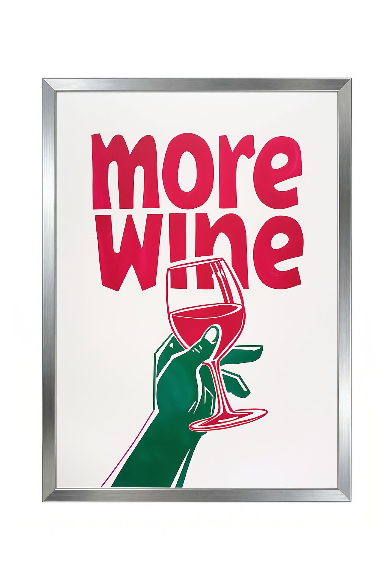 More Wine yazılı, kadeh tutan yeşil el figürlü, pembe ve yeşil renklerde modern çerçeveli poster