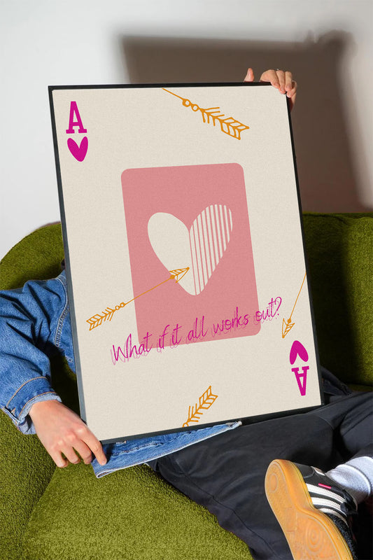 Pembe kalp ve altın ok desenli, 'What if it all works out?' yazılı modern çerçeveli poster