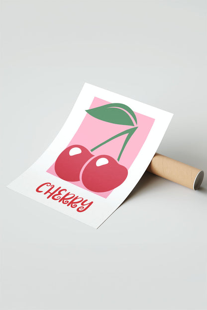 Pembe arka plan üzerinde iki kırmızı kiraz ve yeşil yaprakları olan modern çerçeveli poster